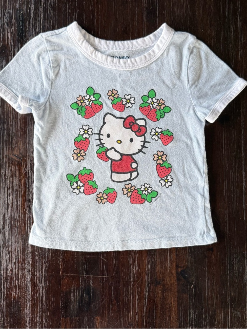 Old Navy White Hello Kitty Strawberry Graphic Tee with Red & Green Accents